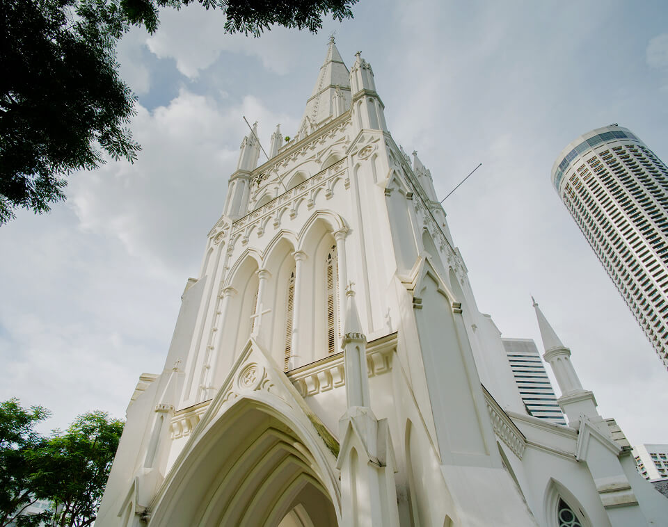 St Andrew’s Cathedral Singapore exterior view located at City Hall in the central business district